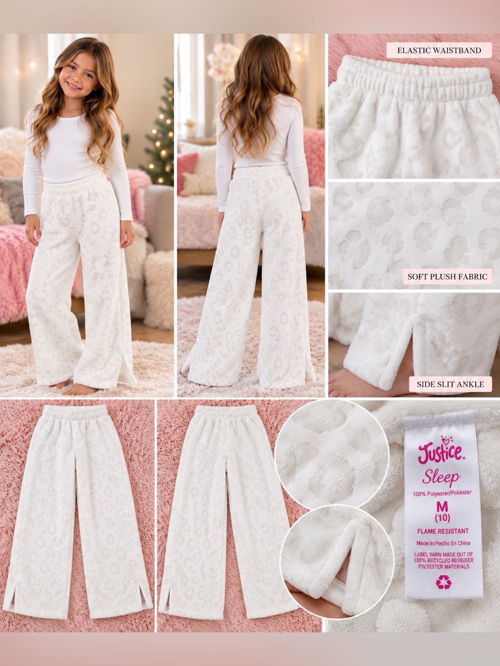 Justice White Plush Wide-Leg Jogger Pants with Subtle Leopard Print